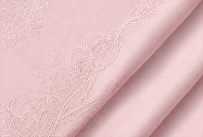 The primary subject of the image is a piece of pink lace, which is the main focus of the image. The setting is a pink background, and the visual style is a close-up of the lace. The colors and mood of the image are predominantly pink, creating a soft and delicate atmosphere.