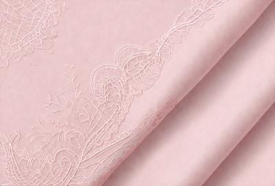 The primary subject of the image is a piece of pink lace, which is the main focus of the image. The setting is a pink background, and the visual style is a close-up of the lace. The colors and mood of the image are predominantly pink, creating a warm and delicate atmosphere.