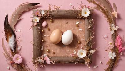 The primary subject of the image is a wooden frame with two eggs placed inside. The setting is a pink background, which adds a warm and inviting atmosphere to the scene. The visual style is a combination of a photo and a drawing, creating a unique and artistic representation of the eggs. The colors and mood are predominantly pink, which gives the image a soft and delicate appearance.