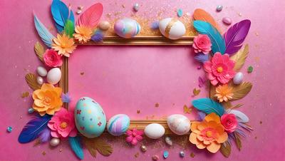 The primary subject of the image is a pink frame with a gold border, which is adorned with various decorations. The setting is a pink background, and the visual style appears to be a combination of digital art and illustration. The colors and mood of the image are predominantly pink and cheerful, with the gold accents adding a touch of elegance.