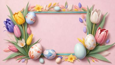 The primary subject of the image is a decorative frame featuring a variety of colorful eggs and flowers. The setting is a pink background, which adds a warm and inviting atmosphere to the scene. The visual style is a combination of digital art and illustration, creating a vibrant and detailed composition. The colors and mood of the image are predominantly bright and cheerful, with the pink background and the colorful eggs and flowers contributing to a lively and joyful ambiance.