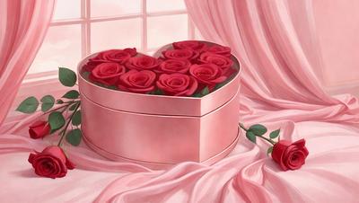The primary subject of the image is a pink box filled with red roses. The setting is a pink background, which adds to the overall mood of the scene. The visual style is a painting, which gives the image a more artistic and detailed appearance. The dominant colors are pink and red, creating a warm and romantic atmosphere.
