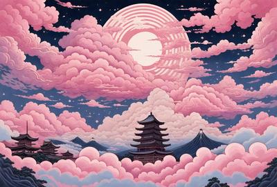 The primary subject of the image is a large, pink and white cloud with a moon in the background. The cloud is situated in front of a pagoda, which is a traditional Chinese structure. The setting is a nighttime sky, and the visual style is a combination of digital art and illustration. The colors and mood of the image are predominantly pink and white, creating a serene and dreamy atmosphere.