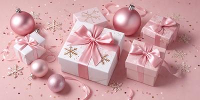 The primary subject of the image is a pink bow, which is placed on top of a pink box. The setting is a pink background, and the visual style is a photo. The colors and mood of the image are predominantly pink, creating a warm and inviting atmosphere.