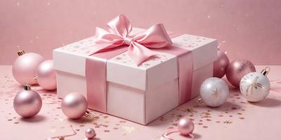 The primary subject of the image is a pink box with a bow on top. The box is placed on a pink background, which adds to the overall color scheme of the image. The visual style of the image is a photo, capturing the details of the box and the bow. The colors and mood of the image are predominantly pink, creating a warm and inviting atmosphere.