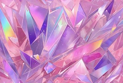 The primary subject of the image is a close-up of a purple crystal, which is part of a larger pattern of purple and pink crystals. The setting is a pink and purple background, creating a visually appealing and vibrant scene. The visual style is a combination of digital art and illustration, with the crystals appearing to be three-dimensional and intricately detailed. The colors and mood of the image are predominantly pink and purple, giving it a warm