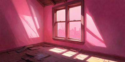 The primary subject of the image is a window in a room. The window is open, and the room is painted pink. The setting is a bedroom, and the visual style is a painting. The colors and mood of the image are predominantly pink, creating a warm and inviting atmosphere.