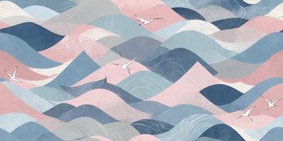 The primary subject of the image is a mountainous landscape with a blue and pink color scheme. The setting is a mountain range with a sky background. The visual style is a combination of digital art and illustration, creating a unique and artistic representation of the mountain range. The dominant colors are blue and pink, which contribute to a serene and calming atmosphere.