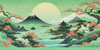 The primary subject of the image is a beautifully illustrated scene featuring a mountain, a lake, and a pagoda. The mountain is situated in the background, and the lake is situated in the foreground. The pagoda is located near the lake, adding a touch of Asian culture to the scene. The visual style of the image is a combination of digital art and illustration, creating a vibrant and detailed landscape. The colors and mood of the image are predominantly green, with the mountain and lake providing a serene and