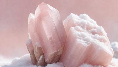 The primary subject of the image is a large pink crystal, which is the main focus of the scene. The setting is a pink background, which adds to the overall mood of the image. The visual style is a photo, capturing the beauty of the pink crystal. The colors and mood of the image are predominantly pink, creating a warm and inviting atmosphere.