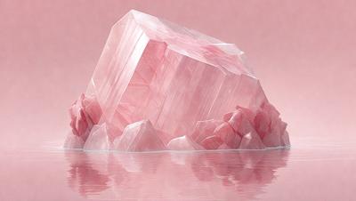 The primary subject of the image is a large, pink, crystal-like structure, possibly a piece of art or a sculpture. The setting is a pink background, which complements the vibrant color of the main subject. The visual style appears to be a combination of digital art and illustration, creating a unique and eye-catching piece. The colors and mood of the image are predominantly pink, giving it a warm and inviting atmosphere.