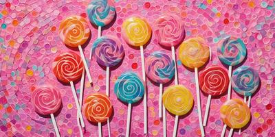 The primary subject of the image is a group of colorful lollipops. There are seven lollipops in total, each with a different color and pattern. They are arranged on a pink surface, which adds a vibrant and cheerful touch to the scene. The lollipops are placed on white sticks, making them stand out even more. The visual style of the image is a combination of photo and digital art, creating a visually appealing and eye-catching display. The colors and mood