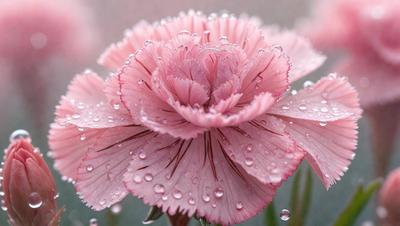 The primary subject of the image is a pink flower with droplets of water on it. The setting is a close-up of the flower, and the visual style appears to be a photo. The dominant colors are pink and white, creating a delicate and elegant atmosphere.