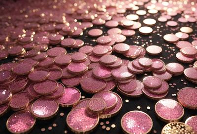 The primary subject of the image is a collection of pink and gold sequins. These sequins are scattered across a black surface, creating a visually striking scene. The sequins are arranged in various shapes and sizes, adding depth and texture to the image. The overall atmosphere of the image is elegant and luxurious, with the pink and gold sequins evoking a sense of sophistication and glamour.