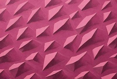 The primary subject of the image is a large, pink, geometric pattern. The pattern is composed of many small triangles, creating a visually striking and intricate design. The setting is a pink background, which complements the vibrant colors of the pattern. The visual style of the image is a combination of digital art and illustration, showcasing the artist's skill in creating a complex and detailed design. The dominant colors in the image are pink and red, giving the pattern a warm and inviting atmosphere.