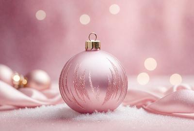 The primary subject of the image is a pink ornament, which appears to be a Christmas ornament. The ornament is placed on a pink surface, which could be a table or a bed. The setting is a cozy and festive environment, likely during the holiday season. The visual style of the image is a close-up of the ornament, showcasing its details and texture. The colors and mood of the image are predominantly pink, creating a warm and inviting atmosphere.