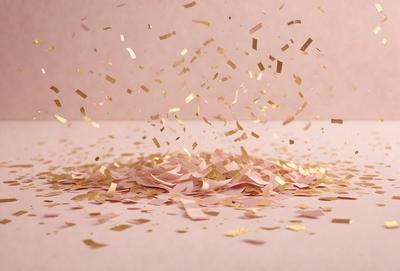 The primary subject of the image is a pink background with gold confetti falling on it. The setting is a white surface, and the visual style is a photo. The colors and mood of the image are predominantly pink and gold, creating a warm and festive atmosphere.