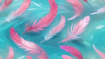 The primary subject of the image is a group of pink feathers, which are the main objects in the scene. The feathers are arranged in a visually appealing manner, creating a sense of depth and dimension. The setting is a blue background, which provides a contrasting and complementary color to the pink feathers. The visual style of the image is a combination of digital art and illustration, as it appears to be a carefully crafted and detailed artwork. The colors and mood of the image are predominantly
