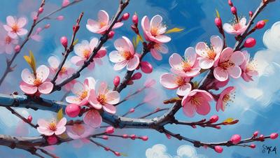 The primary subject of the image is a tree filled with pink flowers. The tree is located in a blue sky, which serves as the background. The visual style of the image is a painting, which gives it a more artistic and vibrant appearance. The dominant colors in the painting are pink and blue, creating a warm and serene atmosphere.