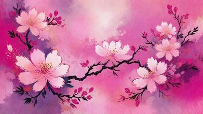 The primary subject of the image is a branch with pink flowers on it. The setting is a pink background, which adds a warm and vibrant atmosphere to the scene. The visual style is a painting, which showcases the artist's skill in creating a realistic and visually appealing representation of the branch with flowers. The colors and mood of the image are predominantly pink, which evokes feelings of love, warmth, and happiness.