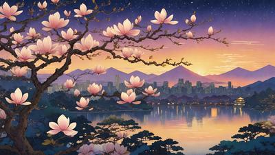 The primary subject of the image is a tree with blossoming flowers, creating a beautiful and serene scene. The tree is situated near a body of water, which adds to the tranquil atmosphere. The visual style of the image is a combination of photo and digital art, resulting in a vibrant and detailed representation of the blossoming tree and its surroundings. The colors and mood of the image are predominantly warm and soothing, with the blossoming flowers and the water creating a sense of renewal