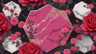 The primary subject of the image is a pink marble surface with a gold border. The setting is a black and white background, giving the image a vintage feel. The visual style is a combination of digital art and illustration, creating a unique and artistic representation of the marble surface. The dominant colors are pink and gold, giving the image a warm and elegant atmosphere.