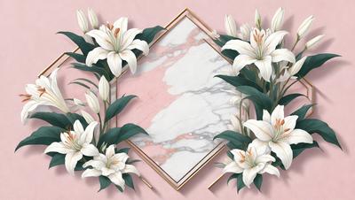 The primary subject of the image is a beautiful arrangement of white flowers, including lilies and roses, set against a pink background. The flowers are displayed in a decorative manner, creating a visually appealing scene. The setting appears to be a pink marble wall, which adds a touch of elegance to the overall atmosphere. The visual style of the image is a combination of photo and digital art, resulting in a high-quality and detailed representation of the flowers and their surroundings. The colors and mood of