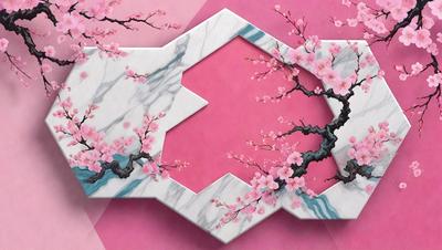 The primary subject of the image is a decorative piece featuring a pink background with a marble texture. The piece is adorned with a pattern of cherry blossoms, which adds a touch of elegance and beauty to the overall design. The cherry blossoms are scattered across the surface, creating a visually appealing and harmonious composition. The setting or background of the image is a pink wall, which complements the marble texture and cherry blossom pattern, creating a cohesive and
