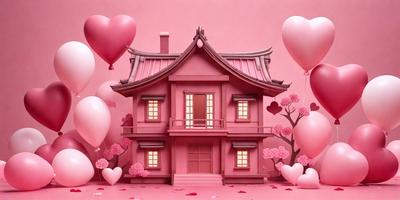 The primary subject of the image is a pink house with a red roof, surrounded by a garden of pink flowers. The setting is a pink and white house with a red roof, and the visual style is a digital art illustration. The colors and mood of the image are predominantly pink and white, creating a warm and inviting atmosphere.