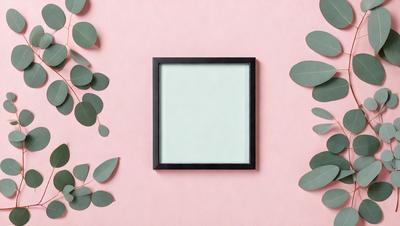 The primary subject of the image is a square picture frame with a white background. The setting is a pink wall, and the visual style is a photo. The colors and mood of the image are predominantly pink, creating a warm and inviting atmosphere.