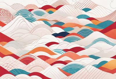 The primary subject of the image is a mountainous landscape, featuring a mountain range with a variety of colors and patterns. The setting is a mountainous terrain with a blue sky in the background. The visual style of the image is a combination of digital art and illustration, creating a vibrant and dynamic scene. The dominant colors in the image are red, blue, and orange, giving the scene a lively and energetic atmosphere.
