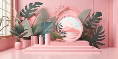 The primary subject of the image is a pink table with a mirror on it. The table is surrounded by various pink and green plants, creating a visually appealing and vibrant scene. The setting appears to be a room with a window, and the visual style is a combination of photo and digital art. The colors and mood of the image are predominantly pink and green, giving it a warm and inviting atmosphere.