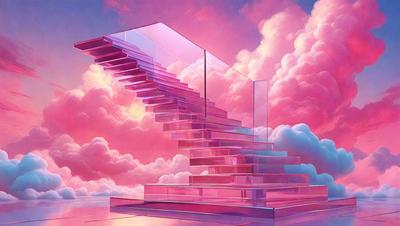 The primary subject of the image is a large, pink, glass staircase. The staircase is set against a backdrop of a pink and purple sky, which creates a vibrant and colorful atmosphere. The visual style of the image is digital art, as it appears to be a painting or drawing created using digital tools. The colors and mood of the image are predominantly pink and purple, giving it a warm and inviting feel.