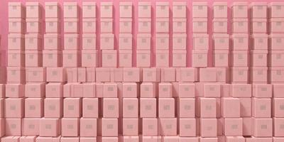 The primary subject of the image is a large stack of pink boxes. The setting is a pink wall, which serves as the backdrop for the boxes. The visual style is a photo, capturing the pink boxes in their natural environment. The colors and mood of the image are predominantly pink, creating a warm and inviting atmosphere.