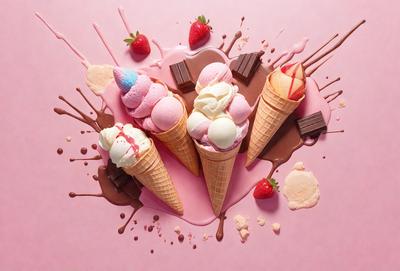 The primary subject of the image is a close-up of a pink surface with various desserts, including ice cream and chocolate, arranged on it. The setting is a pink background, and the visual style appears to be a combination of photo and digital art. The colors and mood of the image are predominantly pink, which gives it a warm and inviting atmosphere.