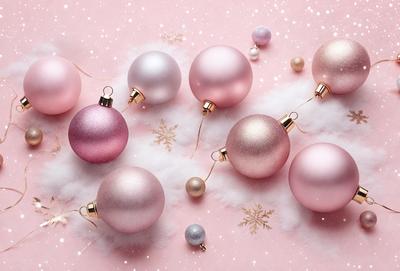 The primary subject of the image is a group of pink and white ornaments, which are likely Christmas ornaments. These ornaments are hanging from strings and are arranged in a visually appealing manner. The setting is a pink background, which adds a warm and festive touch to the scene. The visual style of the image is a combination of photo and digital art, creating a realistic yet artistic representation of the ornaments. The colors and mood of the image are predominantly pink and white, evoking