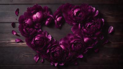 The primary subject of the image is a heart-shaped arrangement of purple flowers. The heart is made up of multiple purple flowers, creating a visually appealing and romantic display. The setting is a wooden table, which serves as the backdrop for the heart-shaped flower arrangement. The visual style of the image is a close-up, focusing on the details of the flowers and the heart shape. The colors and mood of the image are predominantly purple, creating a sense of warmth and love