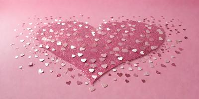 The primary subject of the image is a heart-shaped piece of paper with glittery hearts scattered all over it. The heart is pink, and the glittery hearts are scattered all over the paper, creating a visually appealing and festive appearance. The setting is a pink background, which complements the heart and glittery hearts, creating a warm and inviting atmosphere. The visual style of the image is a combination of a photo and digital art, as the heart and glittery hearts are both realistic