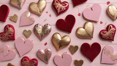 The primary subject of the image is a collection of heart-shaped decorations, which are displayed on a pink background. The hearts are made of various materials, such as wood, metal, and plastic. The setting is a pink table, and the visual style is a close-up of the hearts. The colors and mood of the image are predominantly pink, which gives it a warm and inviting atmosphere.