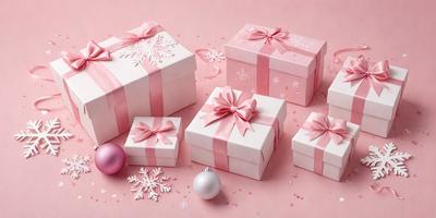 The primary subject of the image is a collection of pink and white gift boxes. These boxes are arranged on a pink background, creating a visually appealing scene. The gift boxes are decorated with snowflakes, adding a festive touch to the overall presentation. The visual style of the image is a combination of photo and digital art, resulting in a well-crafted and eye-catching display. The colors and mood of the image are predominantly pink and white, evoking a sense of warmth