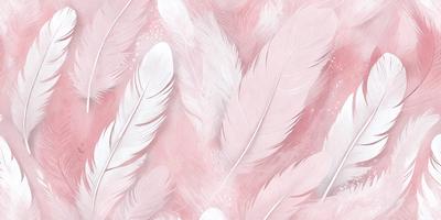 The primary subject of the image is a close-up of a pink feather. The setting is a pink background, which creates a visually striking contrast with the white feather. The visual style is a combination of a photo and digital art, as the feather appears to be a part of a larger pattern or design. The colors and mood of the image are predominantly pink and white, giving it a soft and delicate appearance.