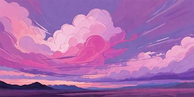 The primary subject of the image is a cloudy purple sky with a pink hue. The setting is a mountainous landscape, with a mountain range visible in the distance. The visual style is a combination of digital art and illustration, creating a vibrant and colorful atmosphere. The dominant colors are purple and pink, with the sky appearing to be a mix of the two. The overall mood of the image is serene and picturesque, with the cloudy sky and mountain range creating a sense of tranqu