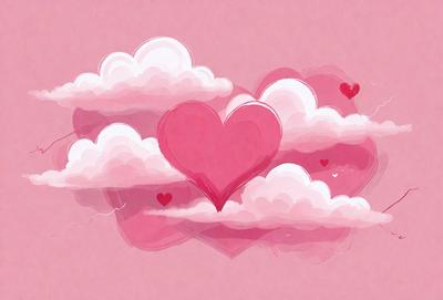 The primary subject of the image is a heart-shaped cloud, which is pink and surrounded by other clouds. The setting is a pink background, and the visual style is a combination of digital art and illustration. The heart-shaped cloud is the main focus of the image, and the overall atmosphere is warm and inviting.