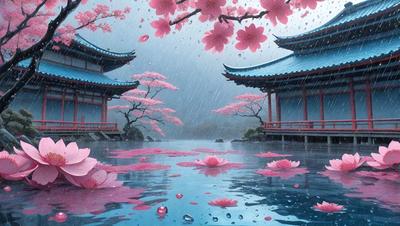 The primary subject of the image is a beautiful scene featuring a pond with a variety of flowers floating on the water. The setting includes a backdrop of a Chinese-style building, which adds to the overall atmosphere of the scene. The visual style of the image is a digital art, creating a vibrant and colorful representation of the pond and flowers. The dominant colors in the image are pink, purple, and red, which contribute to the overall mood of the scene.