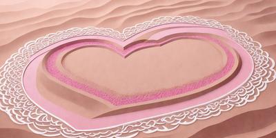 The primary subject of the image is a heart-shaped design, which is likely a paper cutout or a digital illustration. The heart is pink and features a lace pattern. The setting is a sandy surface, which adds a unique and interesting backdrop to the heart design. The visual style of the image is a combination of digital art and paper cutouts, creating a creative and artistic appearance. The colors and mood of the image are predominantly pink, which gives the heart a warm and inviting