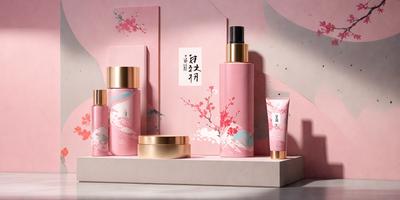 The primary subject of the image is a collection of beauty products, including bottles and jars, displayed on a pink surface. The setting is a pink box, and the visual style is a combination of photo and digital art. The colors and mood of the image are predominantly pink, creating a warm and inviting atmosphere.