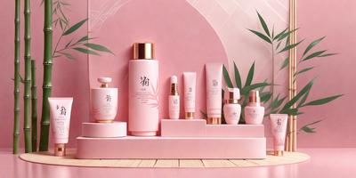 The primary subject of the image is a collection of beauty products displayed on a pink surface. The setting is a pink background, and the visual style is a photo. The colors and mood of the image are predominantly pink, creating a warm and inviting atmosphere.