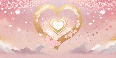 The primary subject of the image is a heart-shaped design, which is the main focus of the image. The heart is surrounded by a pink and gold color scheme, giving it a warm and inviting appearance. The setting of the image is a cloudy sky, which serves as the backdrop for the heart design. The visual style of the image is a combination of digital art and illustration, creating a unique and eye-catching design. The colors and mood of the image are predominantly pink and gold,