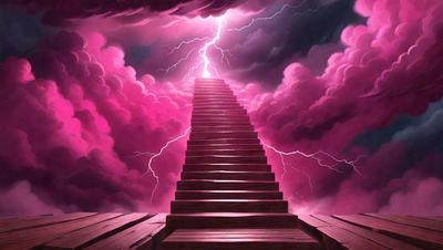The primary subject of the image is a staircase with a pink sky in the background. The setting appears to be a surreal or fantastical environment, possibly a painting or digital art. The visual style is artistic, with the staircase and sky being the main focus of the image. The colors and mood are predominantly pink, creating a dreamy and whimsical atmosphere.