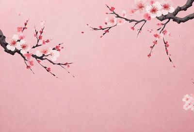 The primary subject of the image is a pink wall with a pattern of cherry blossoms painted on it. The setting is a room with a pink background, and the visual style is a combination of a photo and a drawing. The colors and mood of the image are predominantly pink, creating a warm and inviting atmosphere.